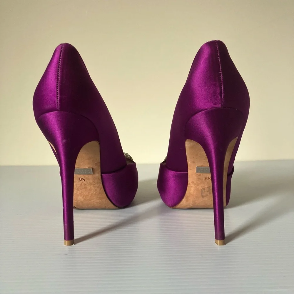 Badgley Mischka Purple Satin Jewel Embellished Peep Toe Platform Heels size 8.5 - Picture 3 of 8